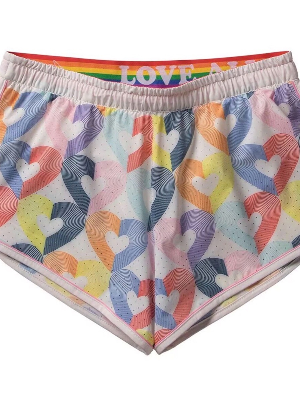 Rabbit Repeats Women’s 4” LOVE ALL Rainbow Heart Running Shorts